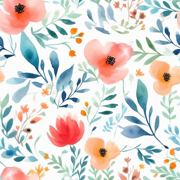 Un primo piano di un motivo floreale acquerello con fiori arancioni e blu ai generativo