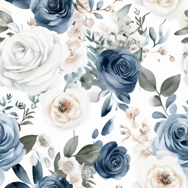 Un primo piano di un motivo floreale blu e bianco su uno sfondo bianco ai generativo