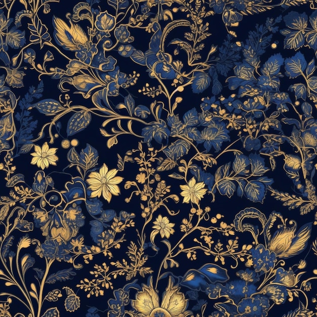 Un primo piano di un motivo floreale blu e oro su uno sfondo nero ai generativo