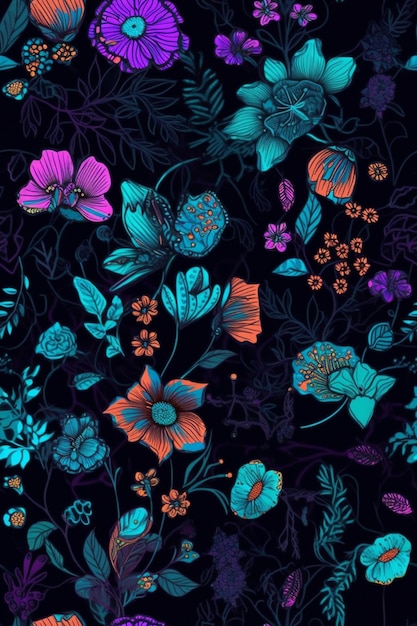 un primo piano di un motivo floreale colorato su sfondo nero ai generativa
