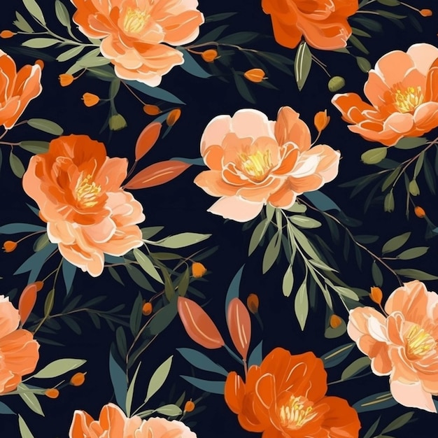 Un primo piano di un motivo floreale con fiori d'arancio su sfondo nero ai generativo
