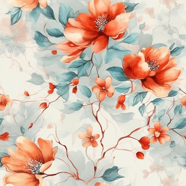 Un primo piano di un motivo floreale con fiori d'arancio su uno sfondo bianco ai generativo