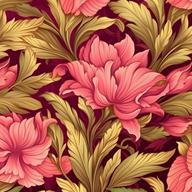 Un primo piano di un motivo floreale con fiori rosa e foglie verdi generative ai