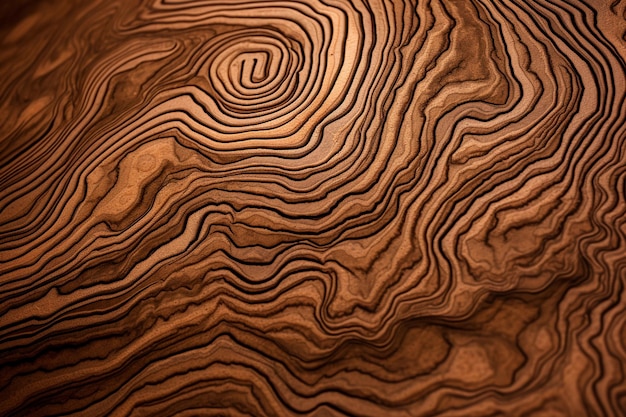 Un primo piano di un motivo in legno con un disegno a spirale