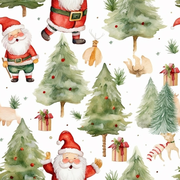 un primo piano di un motivo natalizio con Babbo Natale e altri alberi di Natale ai creativi