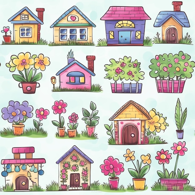 Un primo piano di un mucchio di case e fiori ai generativo