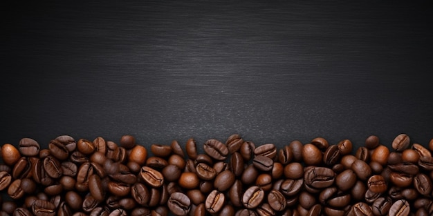 Un primo piano di un mucchio di chicchi di caffè su una superficie nera ai generativa