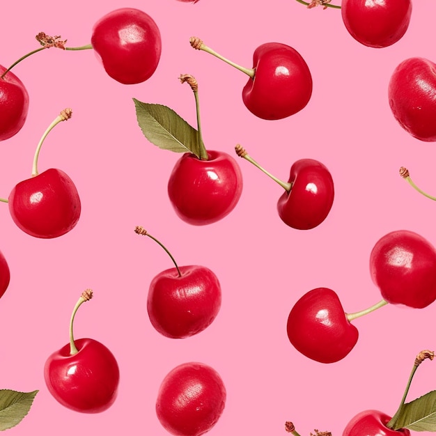 Un primo piano di un mucchio di ciliegie su uno sfondo rosa generativo ai