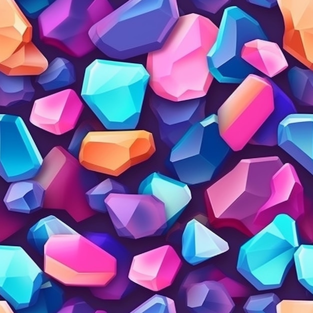 Un primo piano di un mucchio di cristalli colorati su uno sfondo viola ai generativo
