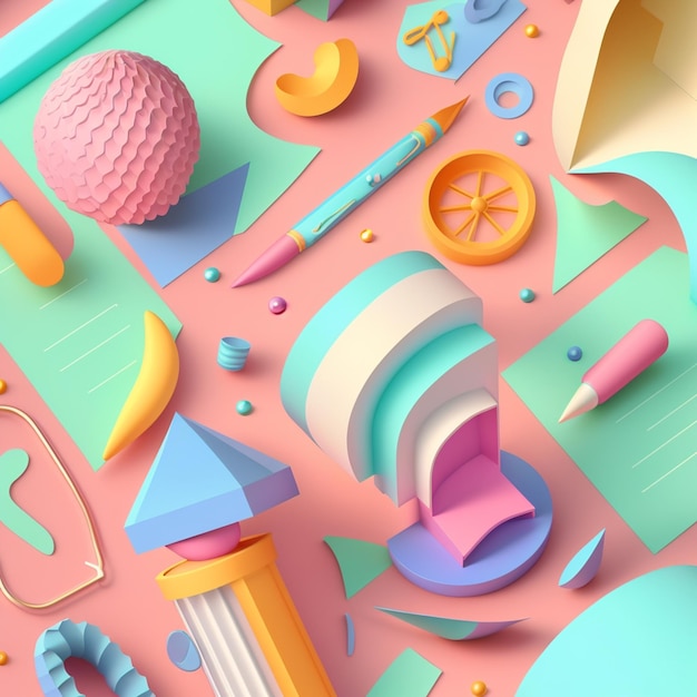 Un primo piano di un mucchio di diversi oggetti colorati su una superficie rosa ai generativa