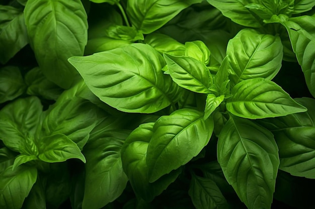 un primo piano di un mucchio di foglie di basilico.