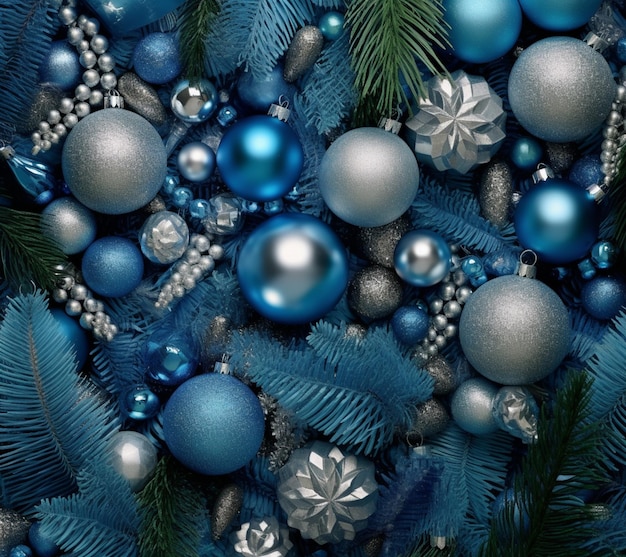 Un primo piano di un mucchio di ornamenti di Natale blu e argento generativo ai