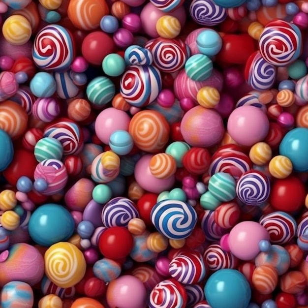 Un primo piano di un mucchio di palle di caramelle colorate ai generativo