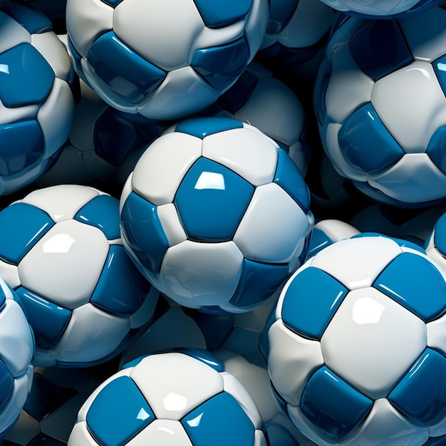 un primo piano di un mucchio di palloni da calcio con strisce blu e bianche ai generative