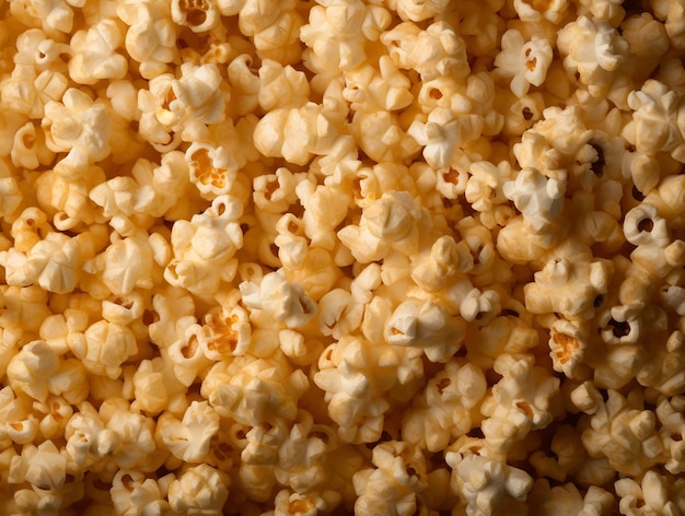 Un primo piano di un mucchio di popcorn con la parola popcorn su di esso