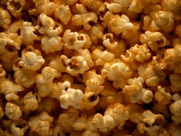 Un primo piano di un mucchio di popcorn con la parola popcorn su di esso