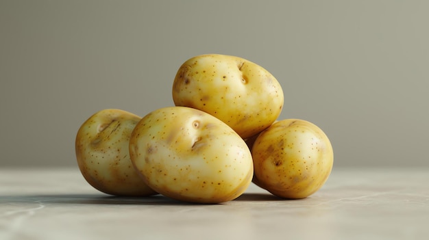 Un primo piano di un mucchio di quattro patate rossette su una superficie di marmo Le patate sono tutte pulite e hanno una pelle marrone chiaro