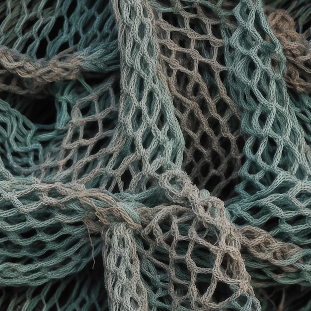 un primo piano di un mucchio di reti da pesca con un'ai generativa di colore blu e verde