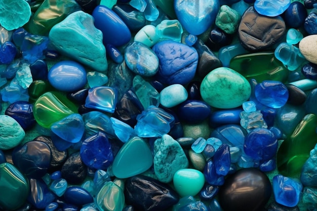 Un primo piano di un mucchio di rocce blu e verdi ai generativo