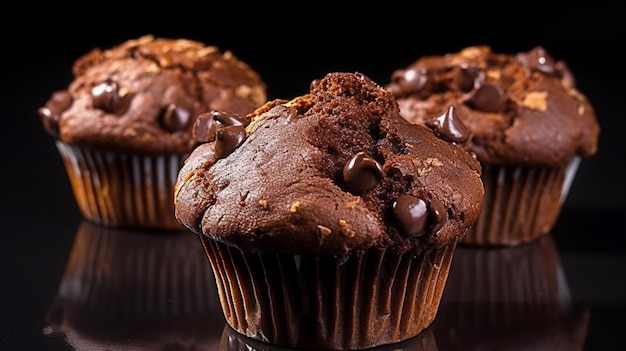 Un primo piano di un muffin al cioccolato con scaglie di cioccolato su sfondo nero