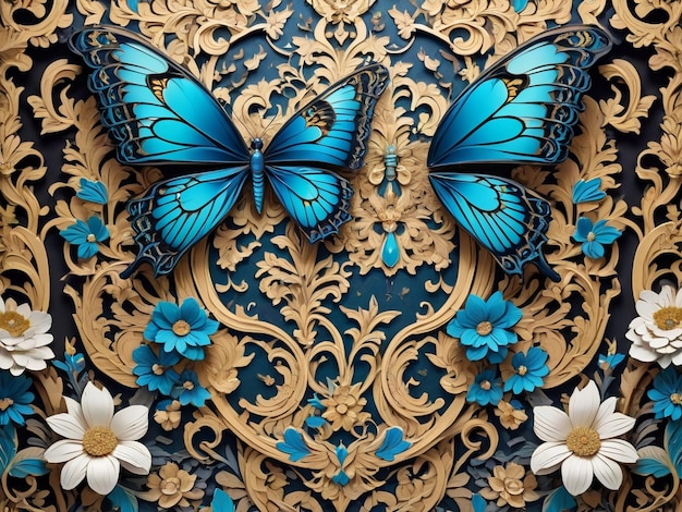 un primo piano di un muro con fiori e una farfalla intricato ornato anime ragazza stile cgi
