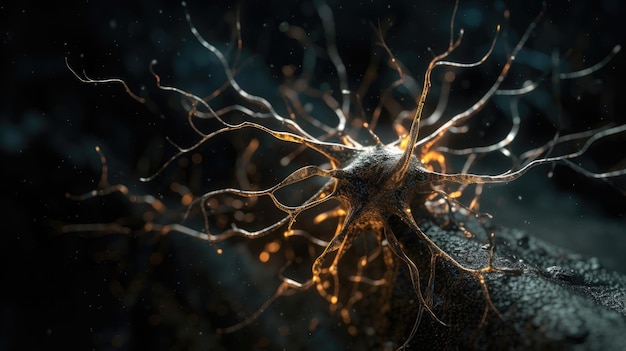 Un primo piano di un neurone in una stanza buia