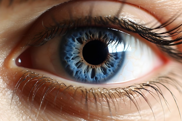 Un primo piano di un occhio azzurro con un occhio nero e ciglia nere.