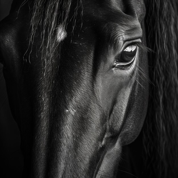 un primo piano di un occhio di cavallo con uno sfondo nero ai generativo