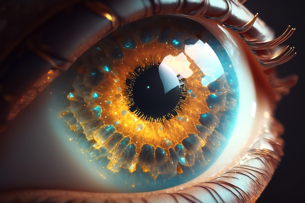 Un primo piano di un occhio umano con luci blu e arancioni.
