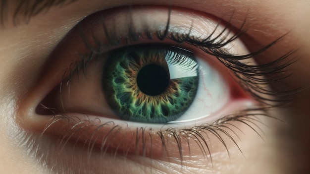 Un primo piano di un occhio verde con un occhio azzurro e una pupilla verde ai