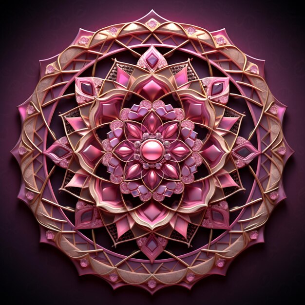 un primo piano di un oggetto circolare rosa e oro su uno sfondo viola ai generativo