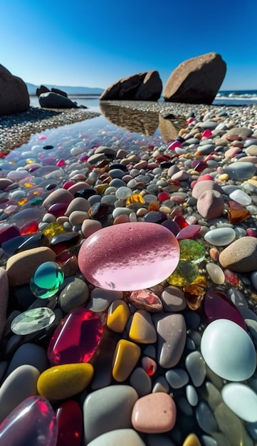 un primo piano di un oggetto rosa su una spiaggia con rocce ai generative