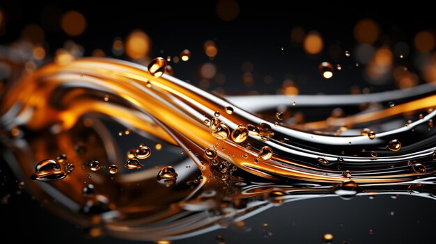 un primo piano di un'onda liquida con gocce d'oro su una superficie nera generativa ai