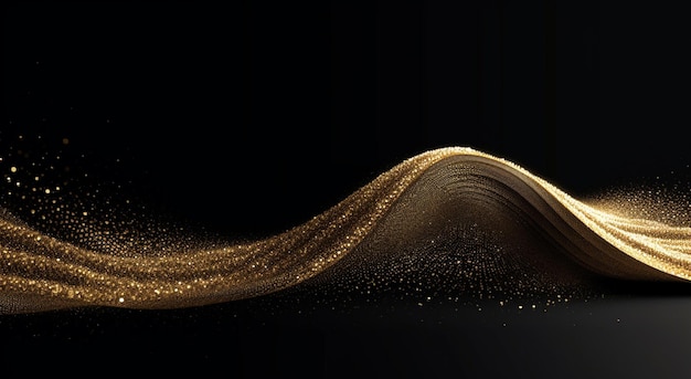 Un primo piano di un'ondata di glitter oro su uno sfondo nero ai generativo