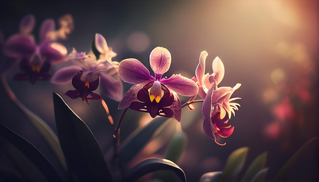 Un primo piano di un'orchidea rosa con il sole che splende su di essa.