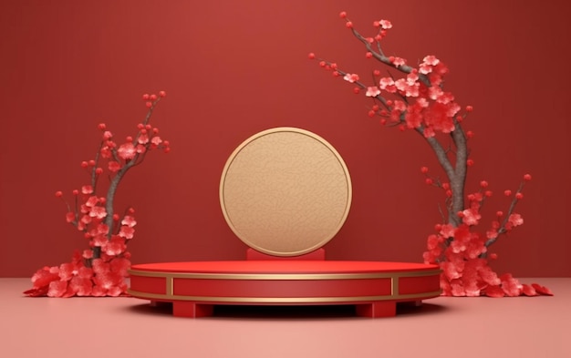 Un primo piano di un palco rosso con un cerchio dorato su di esso