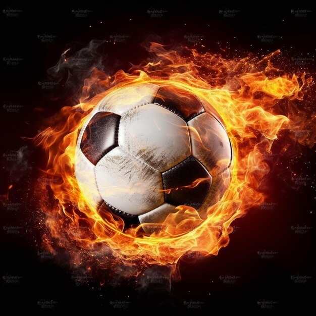 un primo piano di un pallone da calcio nel fuoco con uno sfondo nero ai generativo