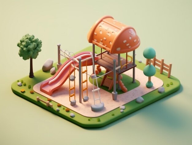 Un primo piano di un parco giochi con uno scivolo e un albero generativo ai