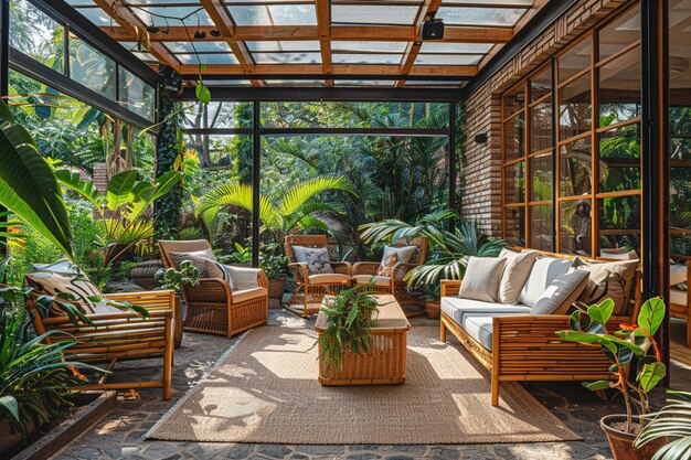 un primo piano di un patio con un sacco di piante e mobili generativo ai
