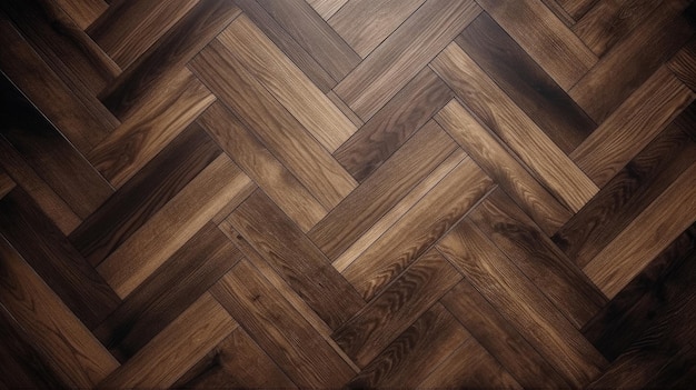 Un primo piano di un pavimento in parquet di legno con uno sfondo scuro.