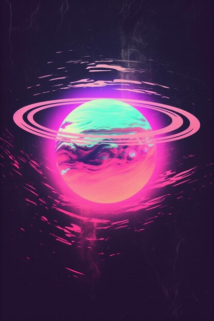un primo piano di un pianeta rosa e blu con un anello attorno ad esso