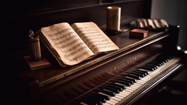 Un primo piano di un pianoforte con un libro sopra generativo ai