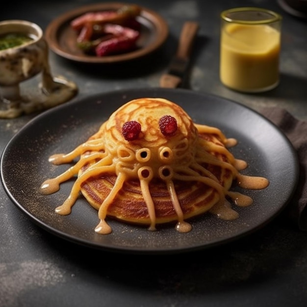 Un primo piano di un piatto di cibo con un ragno su di esso generativo ai