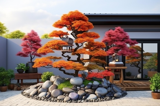un primo piano di un piccolo giardino con un albero e rocce ai generative