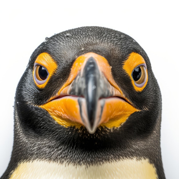 Un primo piano di un pinguino con uno sfondo bianco