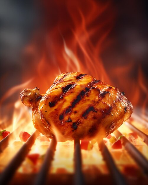un primo piano di un pollo su una griglia con fiamme sullo sfondo generativo ai