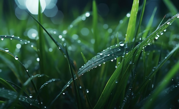 Un primo piano di un prato verde con gocce d'acqua su di esso