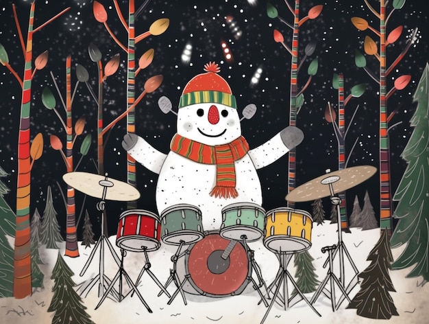 Un primo piano di un pupazzo di neve che suona l'arte dell'illustrazione del fumetto di immagine di natale dei tamburi