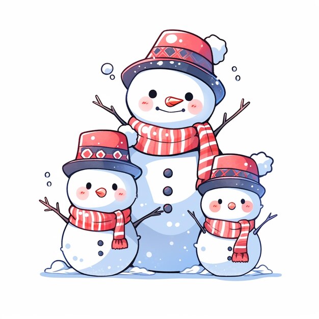 un primo piano di un pupazzo di neve con tre bambini che indossano cappelli e sciarpe generative ai