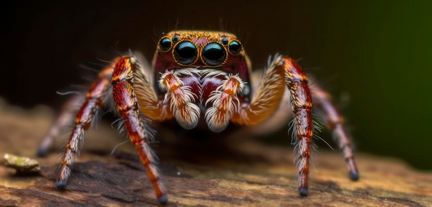 Un primo piano di un ragno saltatore con gli occhi spalancati.